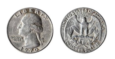 Bir çeyrek dolar, 1970, Washington. Yalıtılmış nesne üzerinde beyaz bir arka plan.