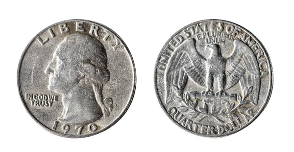 A quarter dollar, 1970, Washington. Isolated object on a white background. — Stock Photo, Image