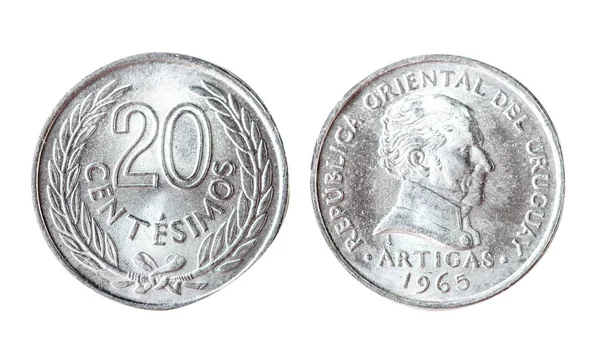 ウルグアイ 20 centesimo 1965。白い背景の上の孤立したオブジェクト. — ストック写真