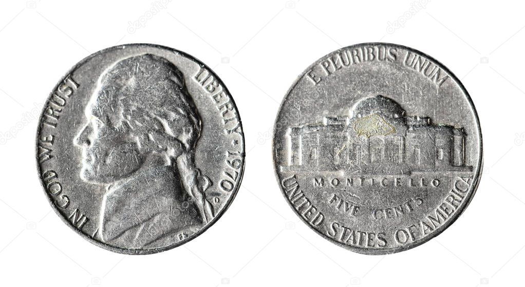 5 cents 1970,the United States 1951-1980. Isolated object on a white background.