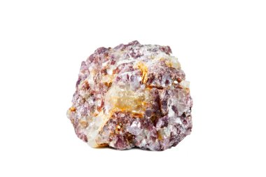 Makro doğal gemstone çekim. Ham maden lepidolit, Madagaskar. Yalıtılmış nesne üzerinde beyaz bir arka plan.