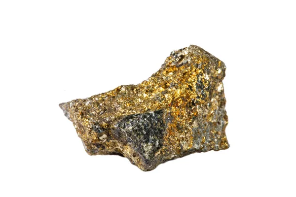 Macro shooting of natural gemstone. The raw mineral is chalcopyrite. Isolated object on a white background. — Stock Photo, Image
