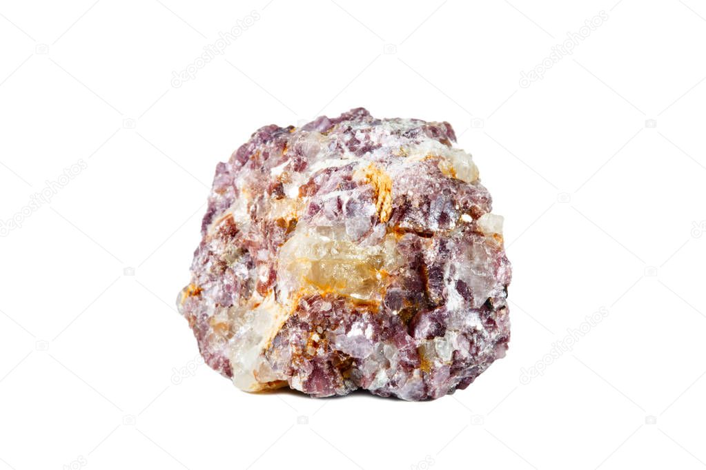 Macro shooting of natural gemstone. Raw mineral lepidolite, Madagascar. Isolated object on a white background.