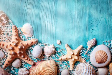 Deniz kabukları ve mavi ahşap tahtalardaki deniz yıldızlarıyla yaz zamanı konsepti. Kumsalda dinlen. Kopyalama alanı olan arkaplan