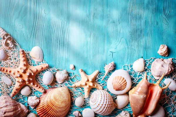 Conceito de hora de verão com conchas e estrelas do mar em tábuas de madeira azul. Descanse na praia. Fundo com espaço de cópia — Fotografia de Stock