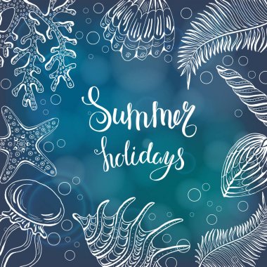 Deniz kabuklarını, deniz yıldızı, Deniz anası bileşimi. Sualtı dünyasını. Deniz arka plan. Vektör çizim.