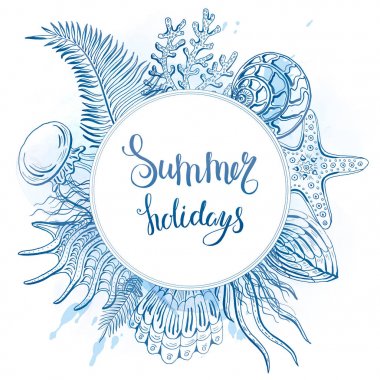 Deniz kabuklarını, deniz yıldızı, Deniz anası bileşimi. Sualtı dünyasını. Deniz arka plan. Vektör çizim.