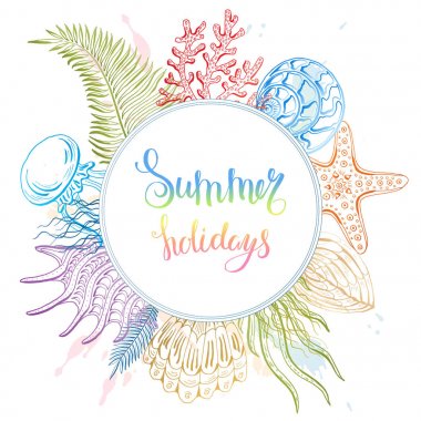 Deniz kabuklarını, deniz yıldızı, Deniz anası bileşimi. Sualtı dünyasını. Deniz arka plan. Vektör çizim.