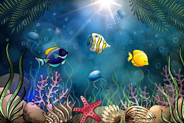 Composition of seashells, starfish, jellyfish. Underwater world. Sea background. Vector illustration. — Stock Vector