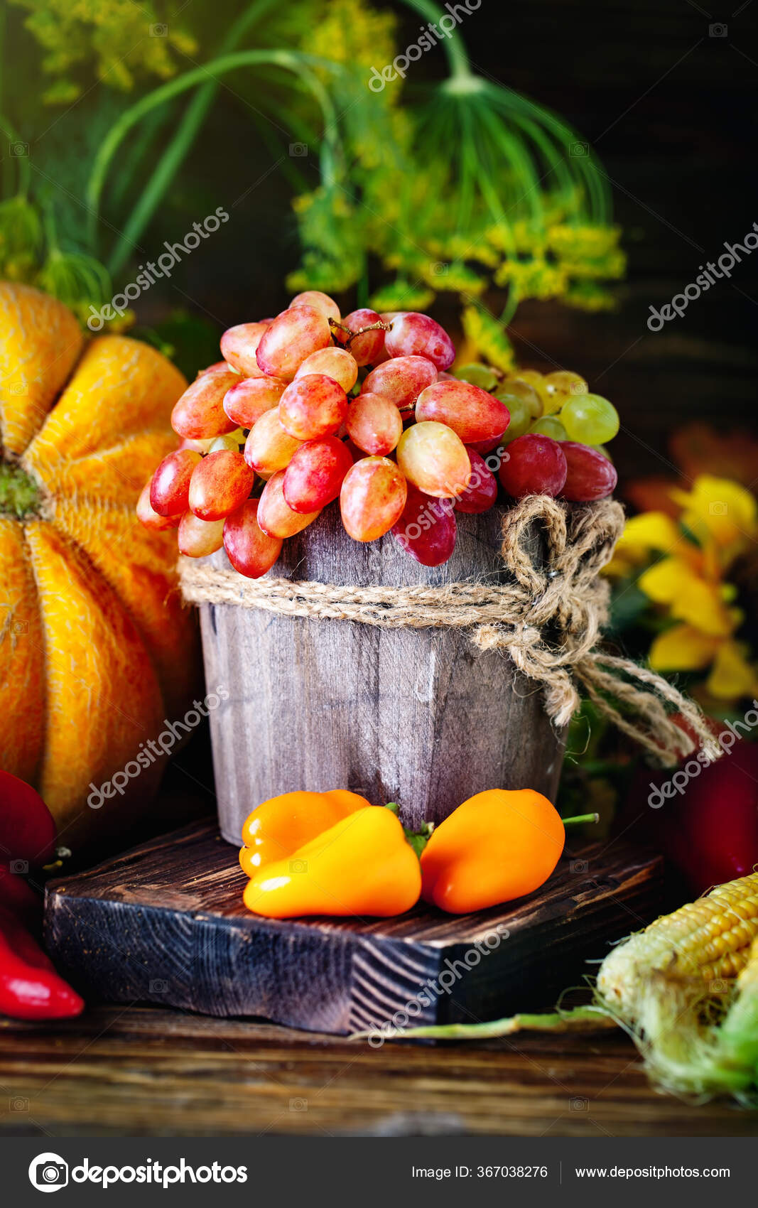 식탁은 채소와 과일로 장식되어 있다. 추수 축제. 해피 추수 감사절. 배경은 다음과 같다. 선택적 초점. — 스톡 사진 ©  NyuraUsova #367038276, image size:1067x1700