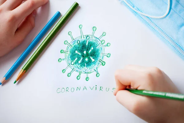 Het kind tekent een coronavirus. Coronavirus. 2019 Novel Coronavirus, 2019-nCoV. — Stockfoto