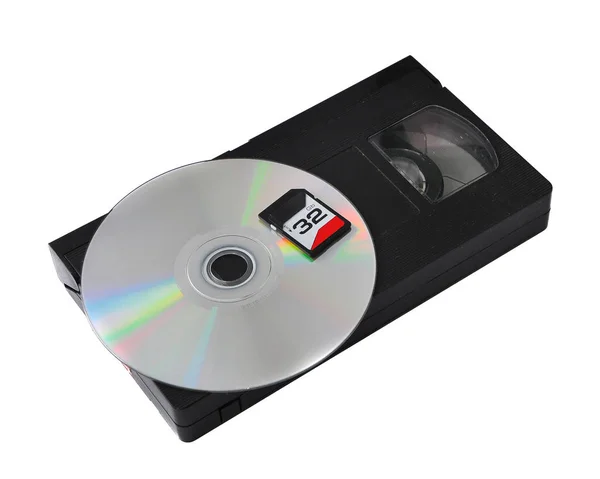 The development of technology: vhs cassette cd sd — Stock Photo, Image