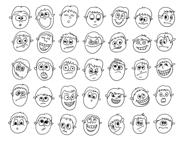 Set of expressive vector male boy faces doodles — Stock Vector