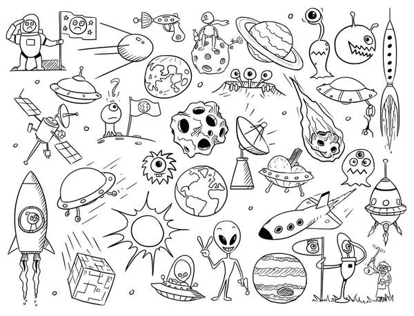 Ensemble d'éléments spatiaux extraterrestres vectoriels de bande dessinée — Image vectorielle