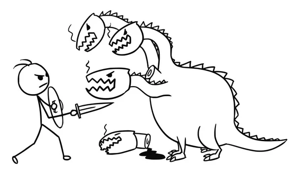Dibujos animados del hombre luchando con el dragón — Vector de stock