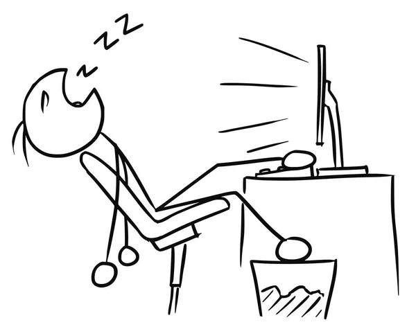 Dibujos animados del hombre durmiendo frente a la pantalla de la computadora — Vector de stock
