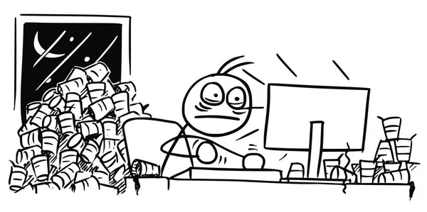 Cartoon of Man Working on Computer Overnight and Drinkig Coffee — Stock Vector