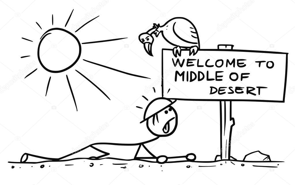 Cartoon of Man Crawling in the Desert Found a Sign