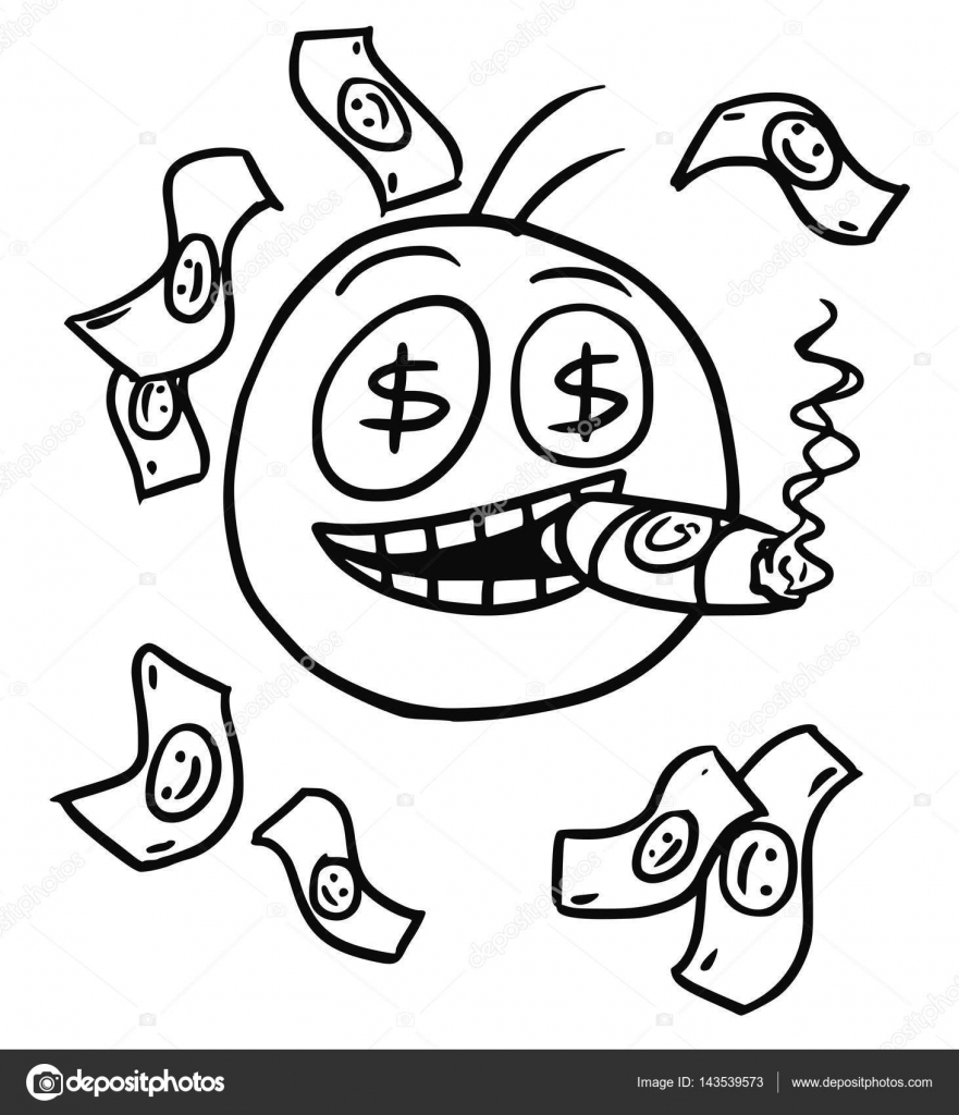 Del fumetto di sorridente stickman con grande sigaro segno di dollaro in occhi e soldi che cadono intorno — Vettoriali di ursus zdeneksasek