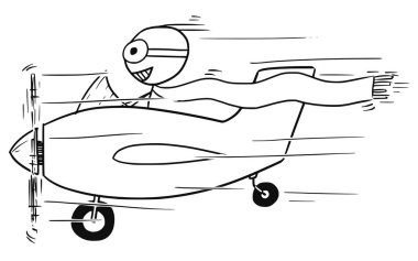 Vector Stickman Cartoon of Smiling Man Flying Small Aircraft  clipart
