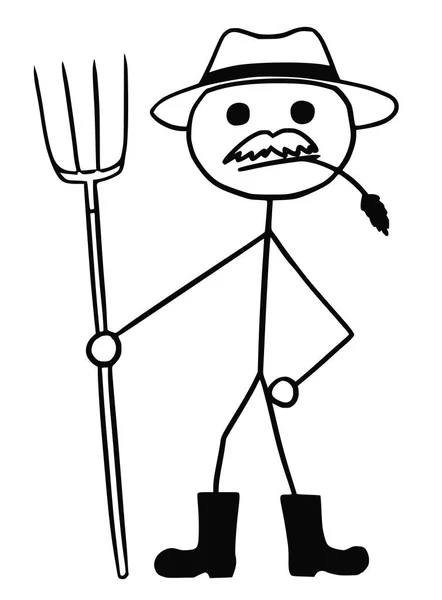 Vector Stickman Cartoon of Farmer with Pitchfork and Hat — Stock Vector