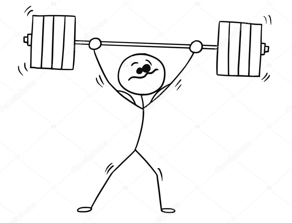 Vector Stickman Cartoon of Weightlifter with Barbell above his Head
