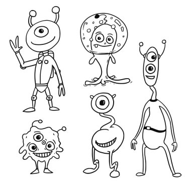 Karikatür vektör 05 dostu uzaylılar astronot ayarla