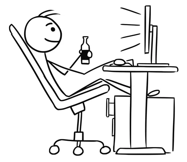 컴퓨터 앞에 앉아 맥주를 마시는 남자의 만화 — 스톡 벡터