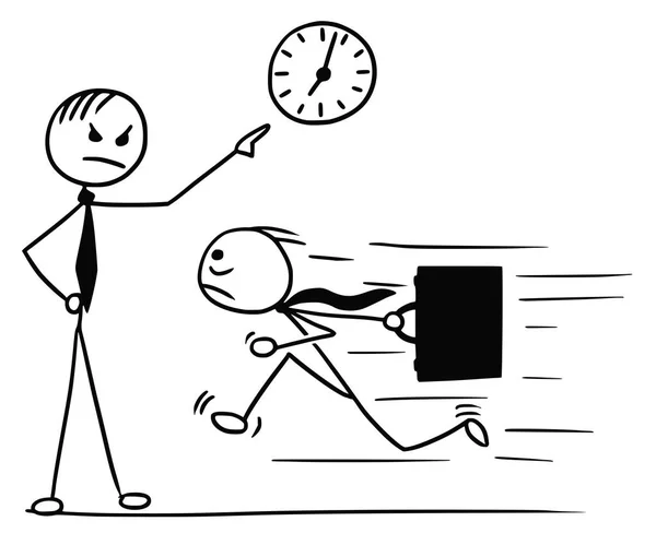 Cartone animato di uomo in esecuzione in ritardo per il lavoro e il suo capo che indica a Wa — Vettoriale Stock