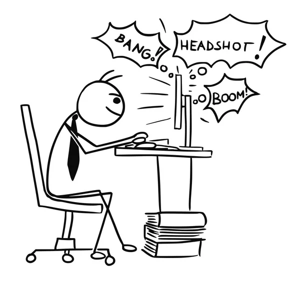 Desenhos animados de homem jogando videogame na tela do computador durante o trabalho — Vetor de Stock