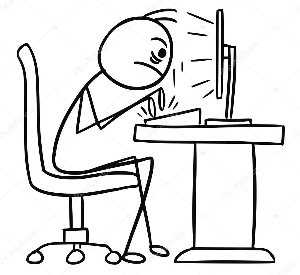 Cartoon of Writter Writting on Computer Fast and Aggressively 