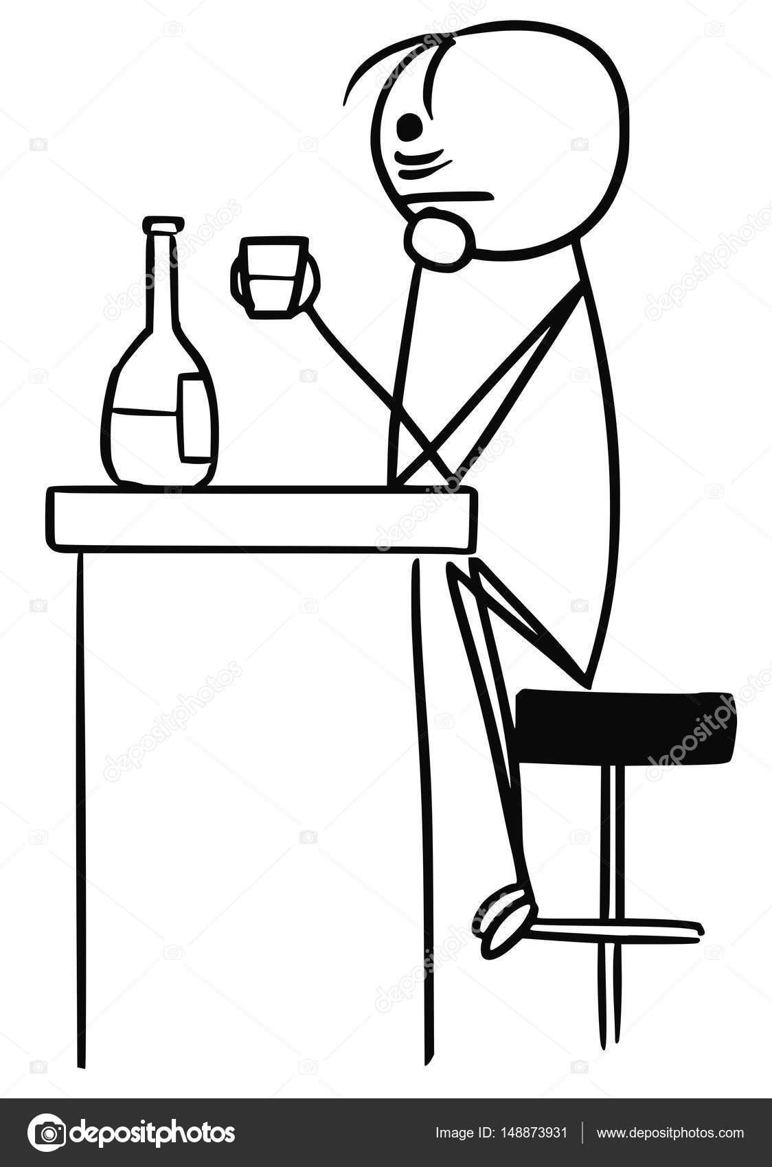 Vector Stickman Cartoon of Sad Man in Depression Drinking Alone Stock ...