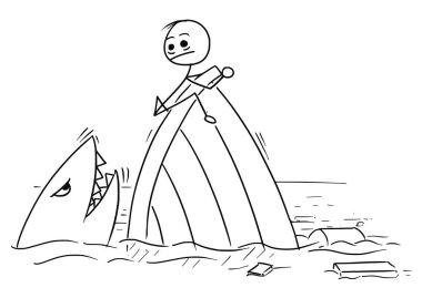 Vektör sopa adam karikatür bir köpekbalığı ile gemi enkazı üzerinde tutan adam