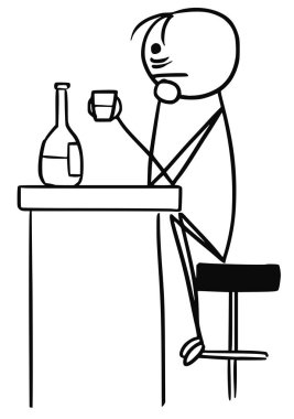 Depresyon yalnız içmek, üzgün bir adam çöp adam karikatür vektör 