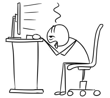 Çok yorgun ve çok çalışan Office bilgisayar alt vektör sopa adam çizgi film