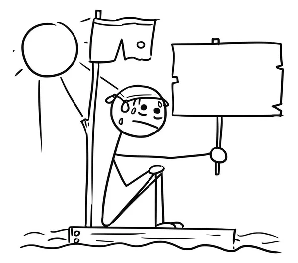Vector de palo hombre dibujos animados hombre sentado perdido en el ingenio de pecio pieza signo vacío en la mano — Vector de stock