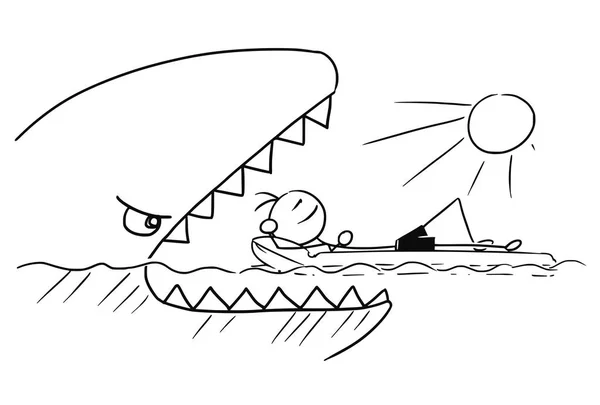 Homme de bâton vectoriel de bande dessinée se détendre sur Airbed, matelas gonflable pendant que le requin attaque — Image vectorielle
