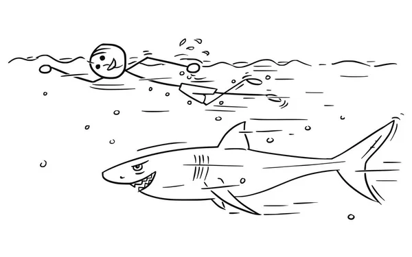 Cartoon Vector Stick Man Relaxing Swimming Crawl with Shark Swiming Under — Stock Vector