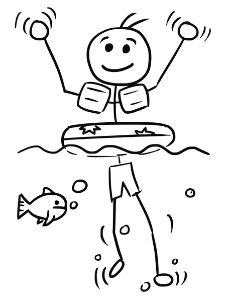 Desenhos animados vetor vara homem relaxante nadando com anel de natação —  Vetores de Stock