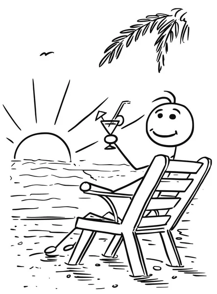 Cartoon Vector Stick Man Relaxing Sitting on the Beach Chair — Stock Vector