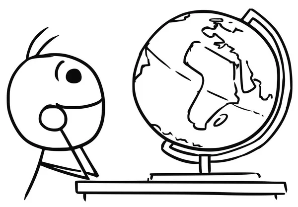 Vector Stickman Desenhos animados de homens assistindo o globo e sonhando com viagens — Vetor de Stock