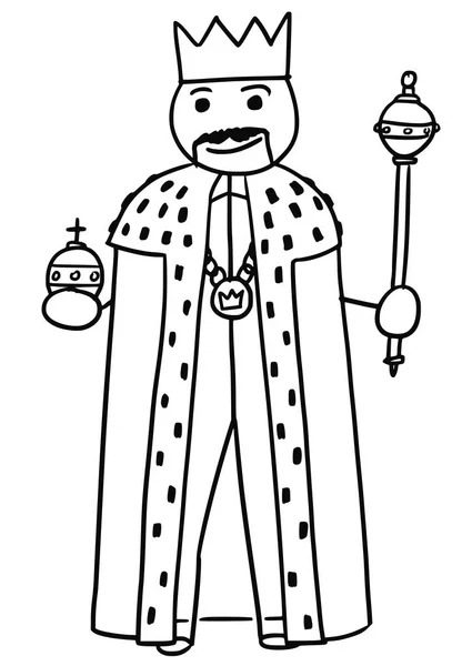 Stickman vectoriel Caricature du Roi posant avec Couronne, Sceptre et Pomme Royale — Image vectorielle