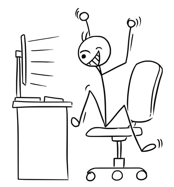 Vector Stick Man Cartoon of Very Happy Man Watching Computer Screen — Stock Vector