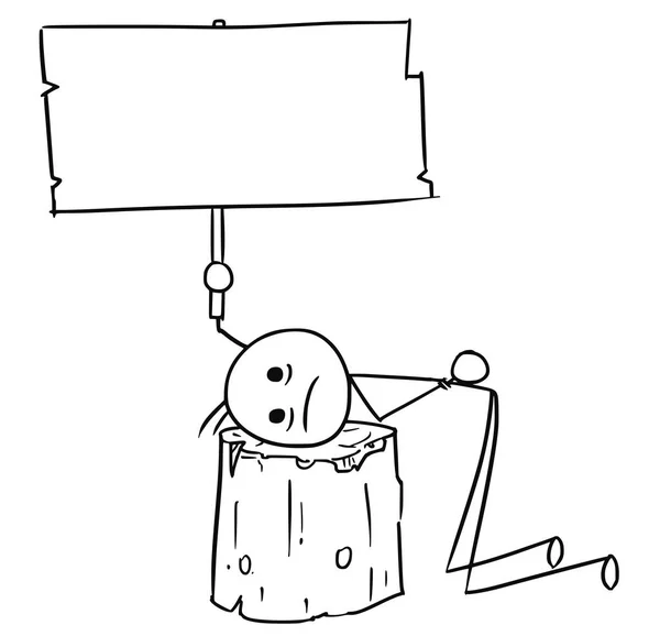 Vector Stick Man Cartoon van mannen met hoofd op het blok van de uitvoering en leeg teken geplaatst in de Hand — Stockvector