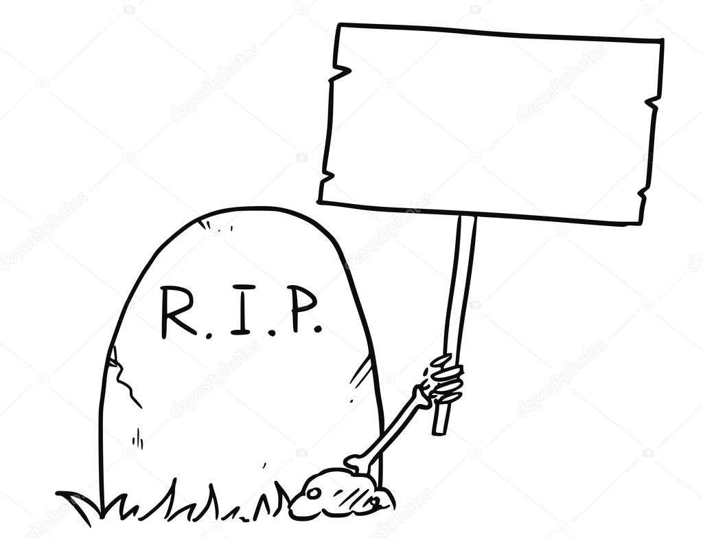 Vector Cartoon of Skeleton Arm is Sticking Out of The Grave Holding Empty Sign