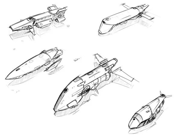 Set di matite vettoriali disegnate a mano di navi spaziali fantascientifiche — Vettoriale Stock