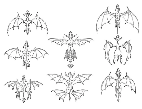 Conjunto de dragones de dibujos animados de vectores dibujados a mano en vista superior hacia abajo — Archivo Imágenes Vectoriales