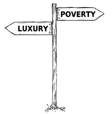 Karikatür vektör yön işareti iki karar okları yoksulluk ile bir