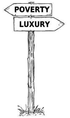 Karikatür vektör yön işareti iki karar okları yoksulluk ile bir