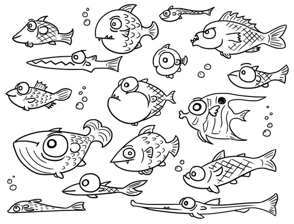 Dibujos animados colección vectorial conjunto de mano dibujado lindo pescado — Vector de stock